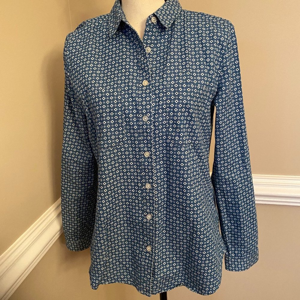 LOFT Long Sleeve Button Down Blouse Blue/White